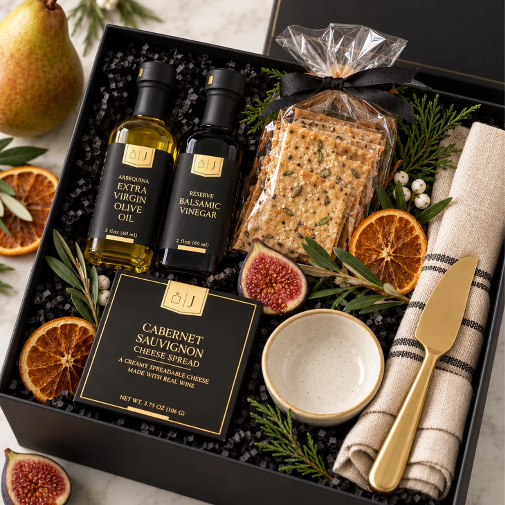 The Grand Tasting gift box with olive oil, balsamic vinegar, cheese spread, crackers, a ceramic dipping bowl and a gold cheese knife