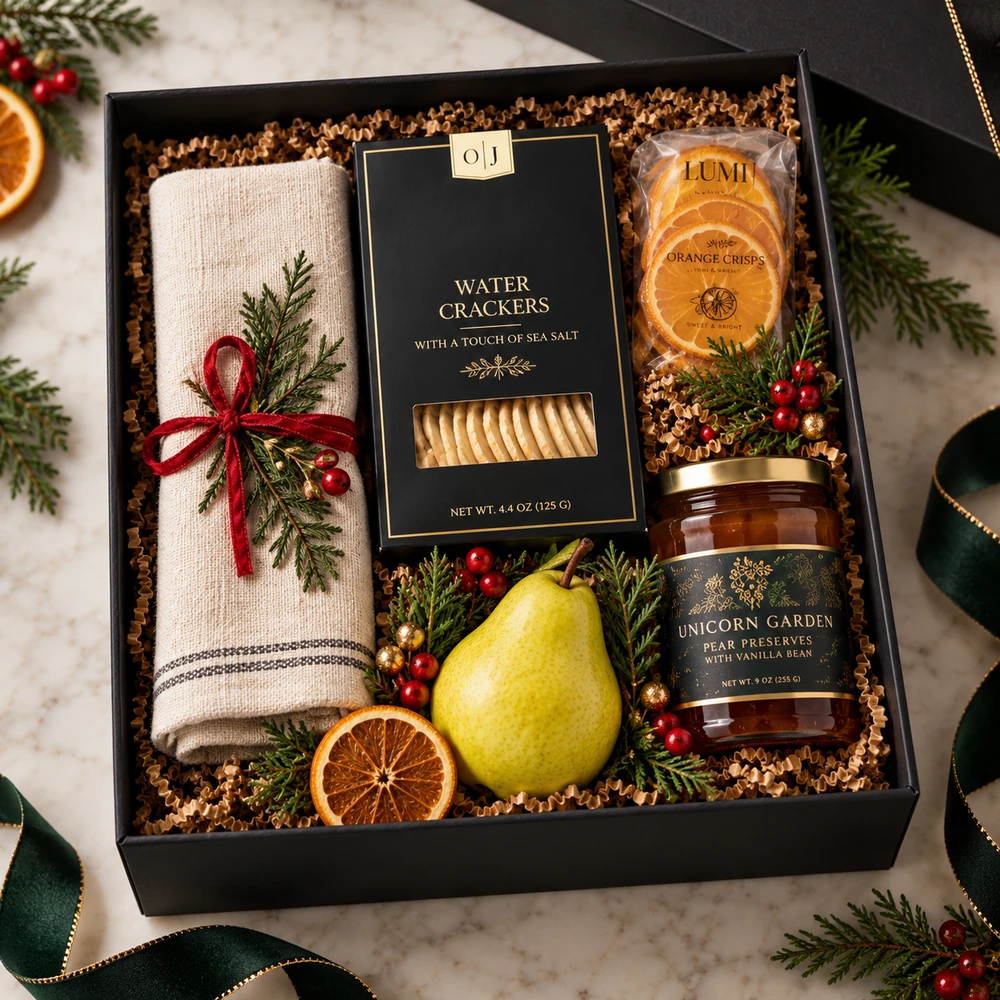 The Golden Pear gift box with a linen tea towel, glass pear ornament, crackers, crispy orange slices and pomegranate rose spread