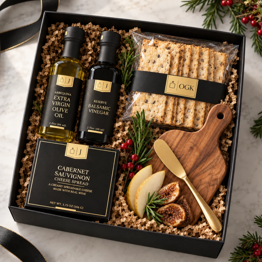 The Cheese Board gift box with olive oil, balsamic vinegar, cheese spread, seeded crackers, a wood board and a gold cheese knife
