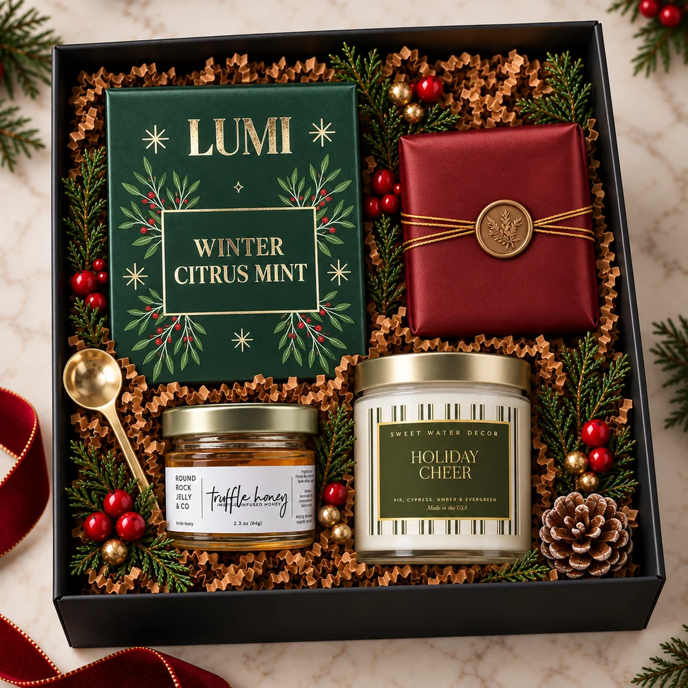 The Fireside Tea gift box with citrus mint tea, truffle honey, a gold tea spoon, a cookie and an evergreen candle