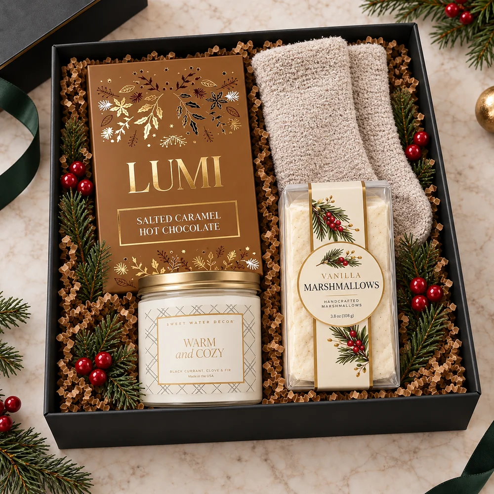 The Warm & Cozy gift box with salted caramel cocoa, vanilla marshmallows, cozy knit socks and a candle