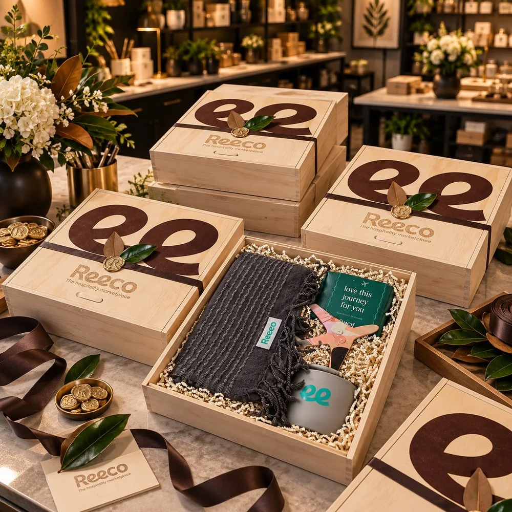 Custom-branded wooden gift boxes with wax seals and a curated open box