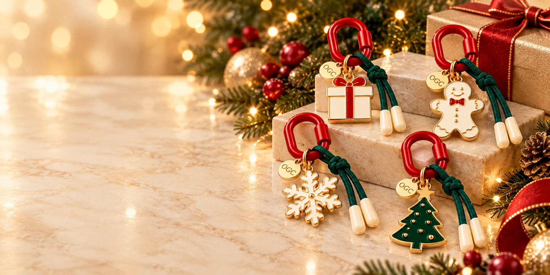 Four enamel holiday keychains and bag charms: gift box, gingerbread, snowflake and Christmas tree