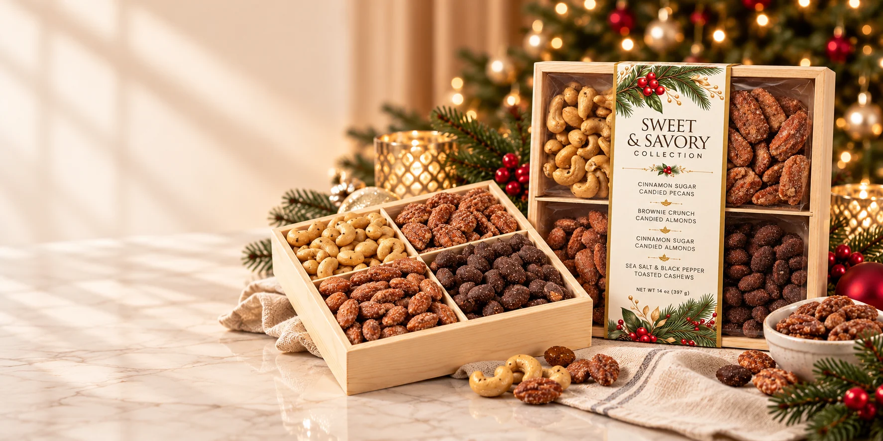 Sweet & Savory Collection wood tray with candied pecans, almonds and toasted cashews