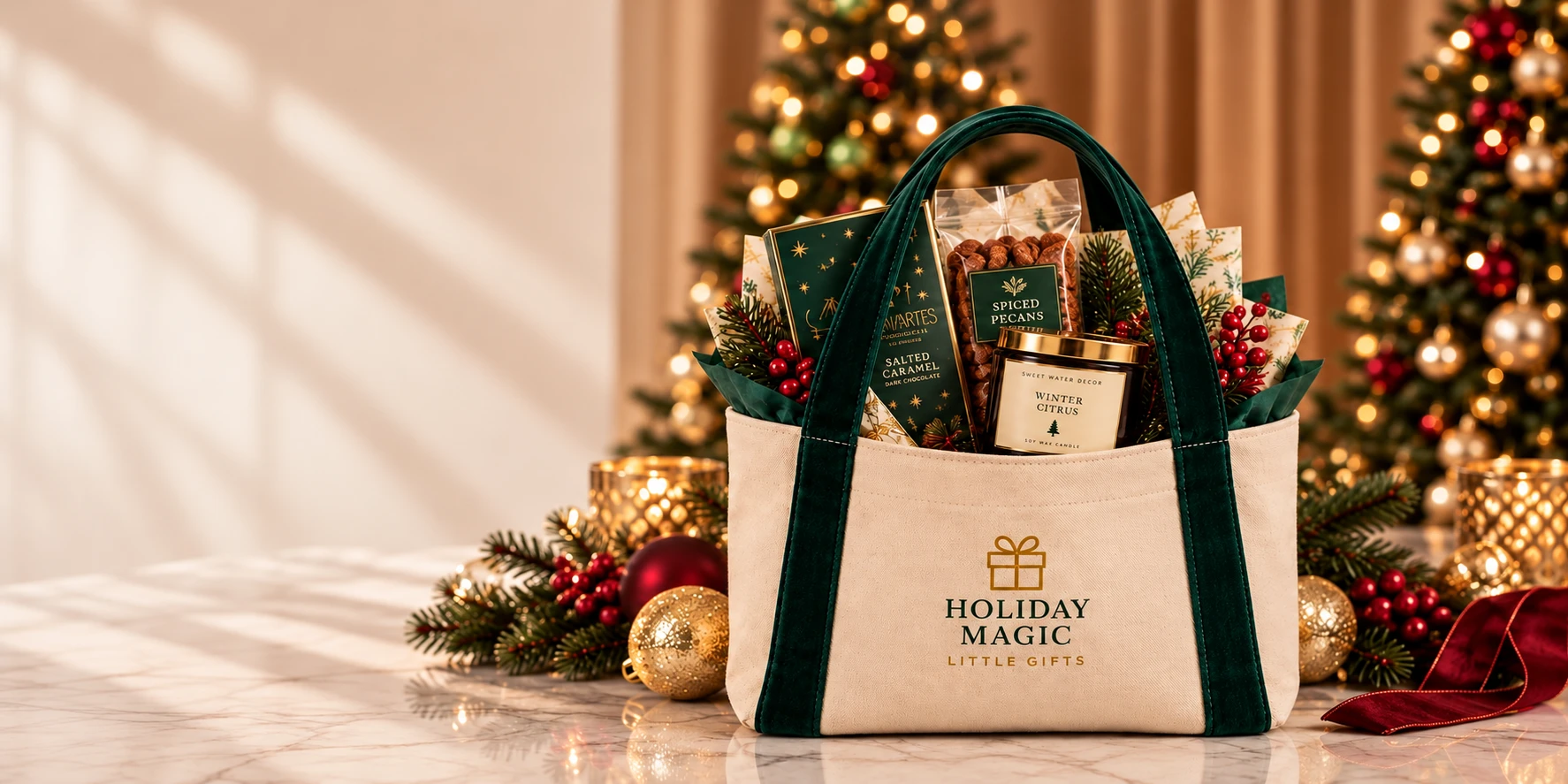 Holiday Magic Little Gifts canvas tote with green velvet handles, filled with caramel treats, spiced pecans and a Winter Citrus candle