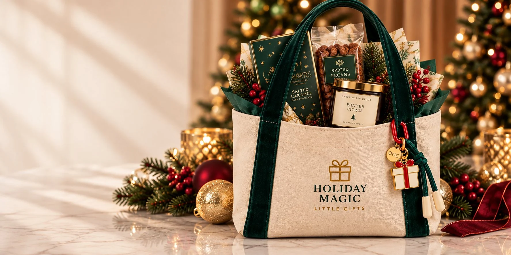 Holiday Magic Little Gifts canvas tote with green velvet handles, filled with salted caramel chocolate, spiced pecans and a Winter Citrus candle