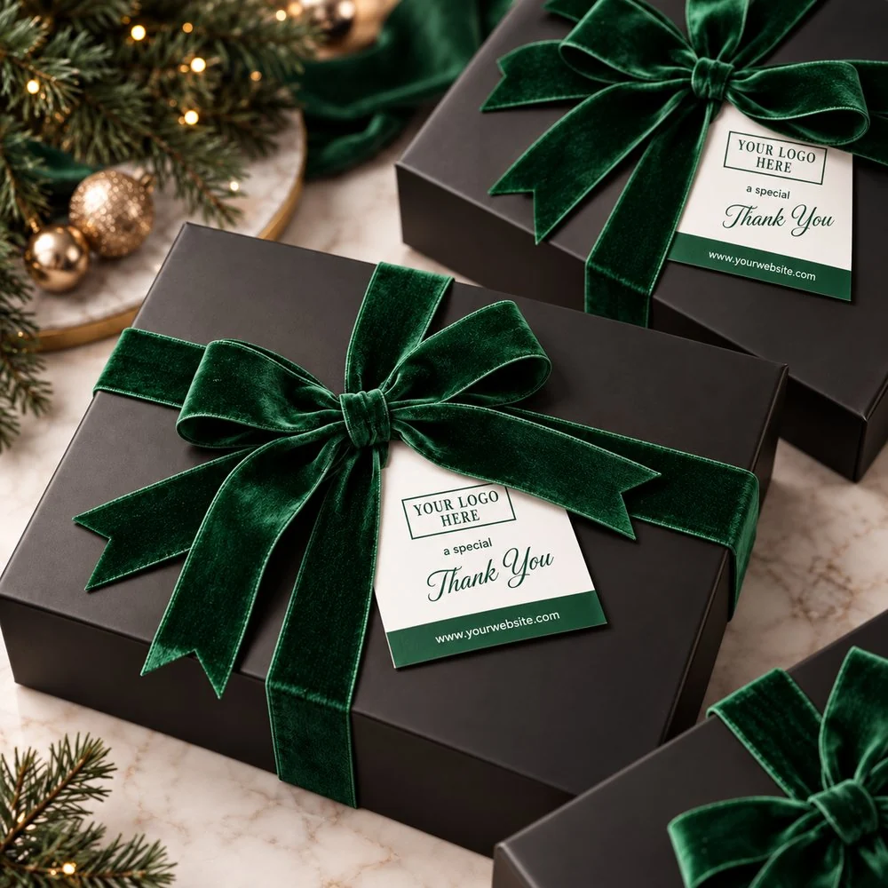 Black gift boxes tied with green velvet ribbon and a branded thank-you card