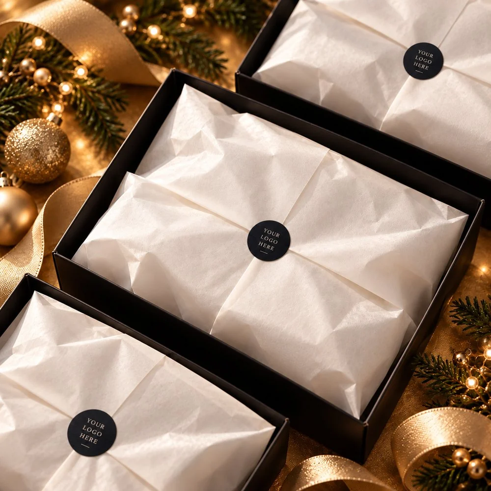 Black gift boxes with white tissue sealed by a round logo sticker