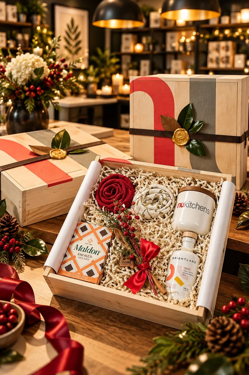 Open wooden gift box with linen napkins, sea salt, olive oil and a canister, beside wrapped boxes