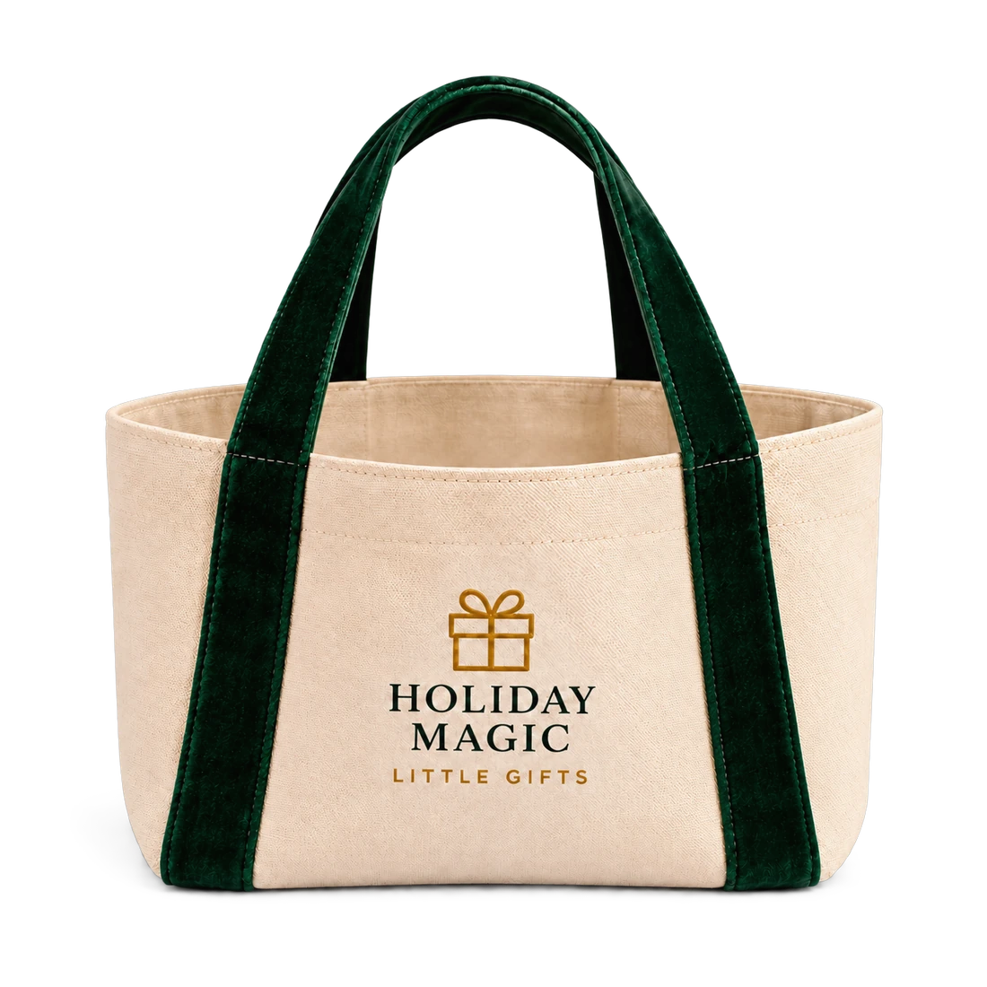 Holiday Magic canvas tote with green velvet handles